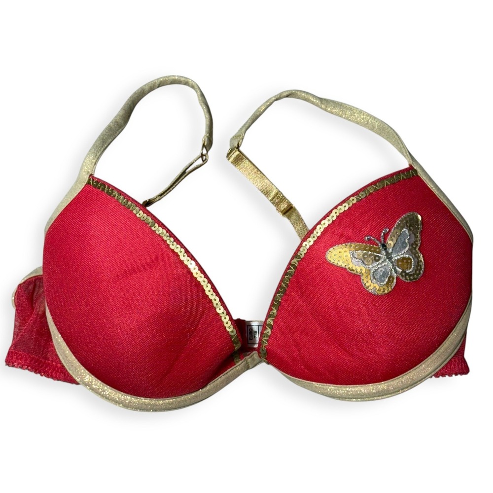 MED 34B Pink Gold Butterfly Sequin Bra